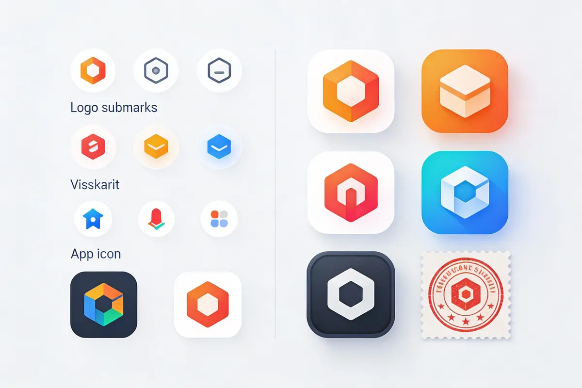 Side-by-side: logo submark at various sizes (favicon, app icon, stamp) — type: diagram
