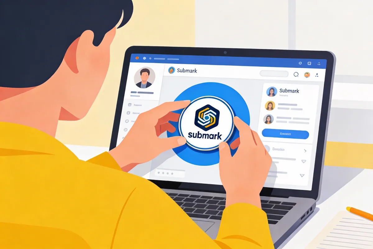 Photo: Person adjusting submark logo on laptop social media profile mockup — type: photo