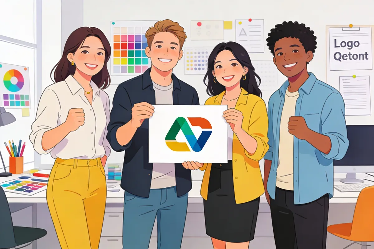 Team celebrating logo reveal — type: photo