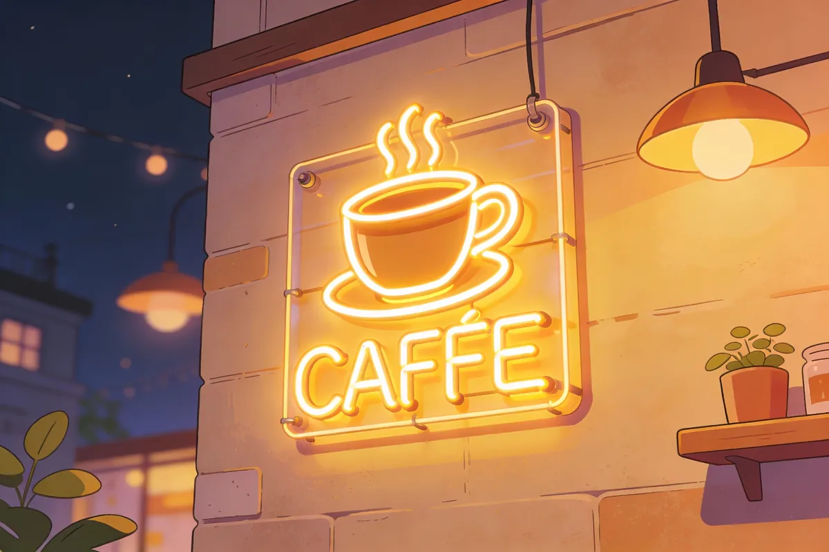 Photo: Assembled neon sign glowing on café wall, logo visible, cozy evening setting — type: photo