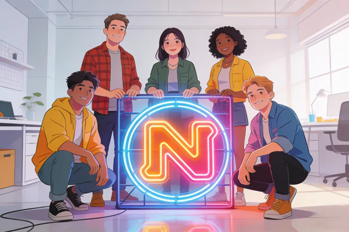 Photo: Small business team posing with neon logo sign, bright modern studio, casual — type: photo