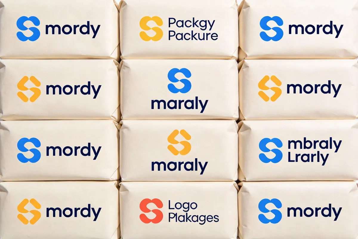 Logo package mockup with wordmark, symbol, and combination layouts — type: photo