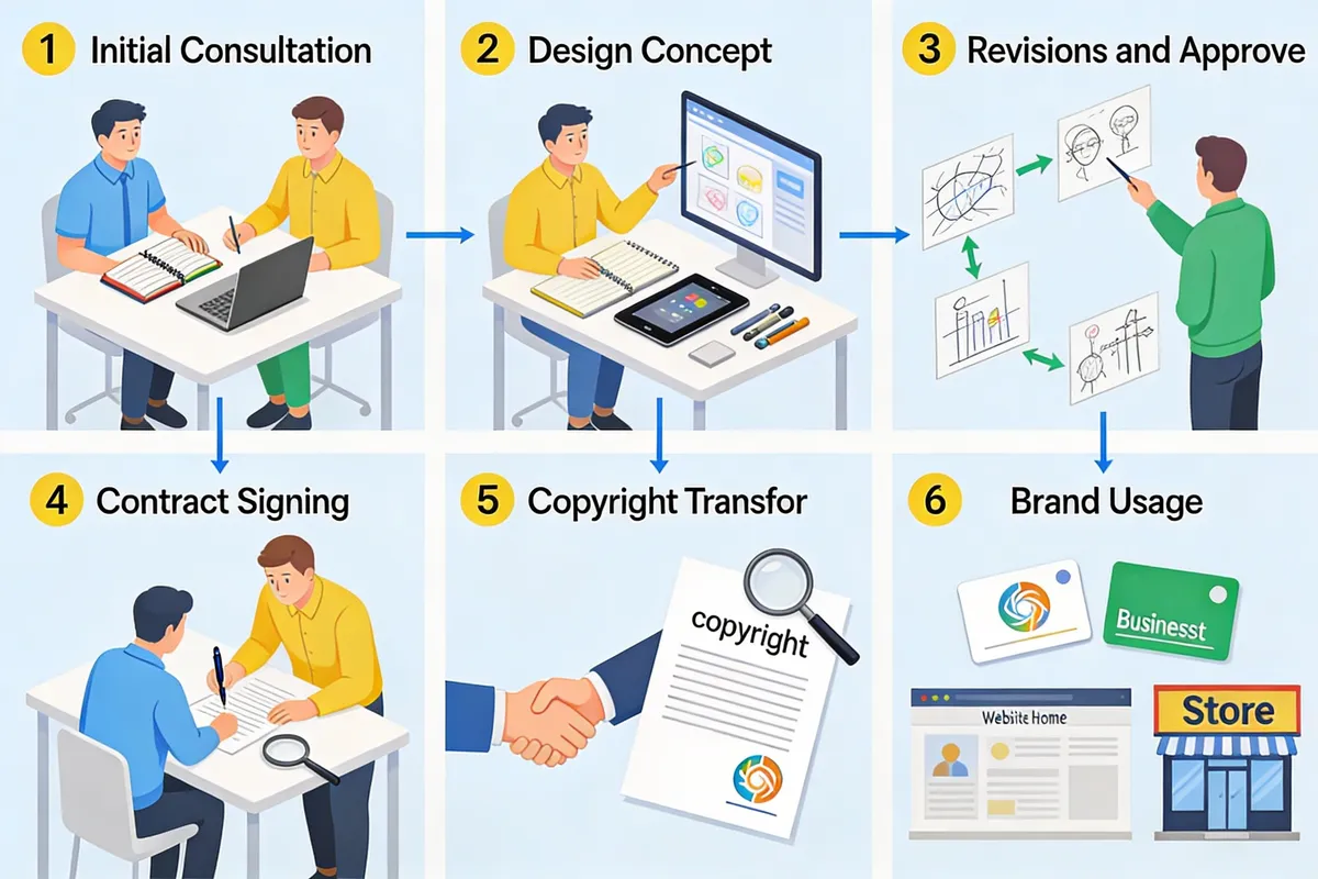 Diagram: Step-by-step flowchart of logo design to ownership process — type: infographic