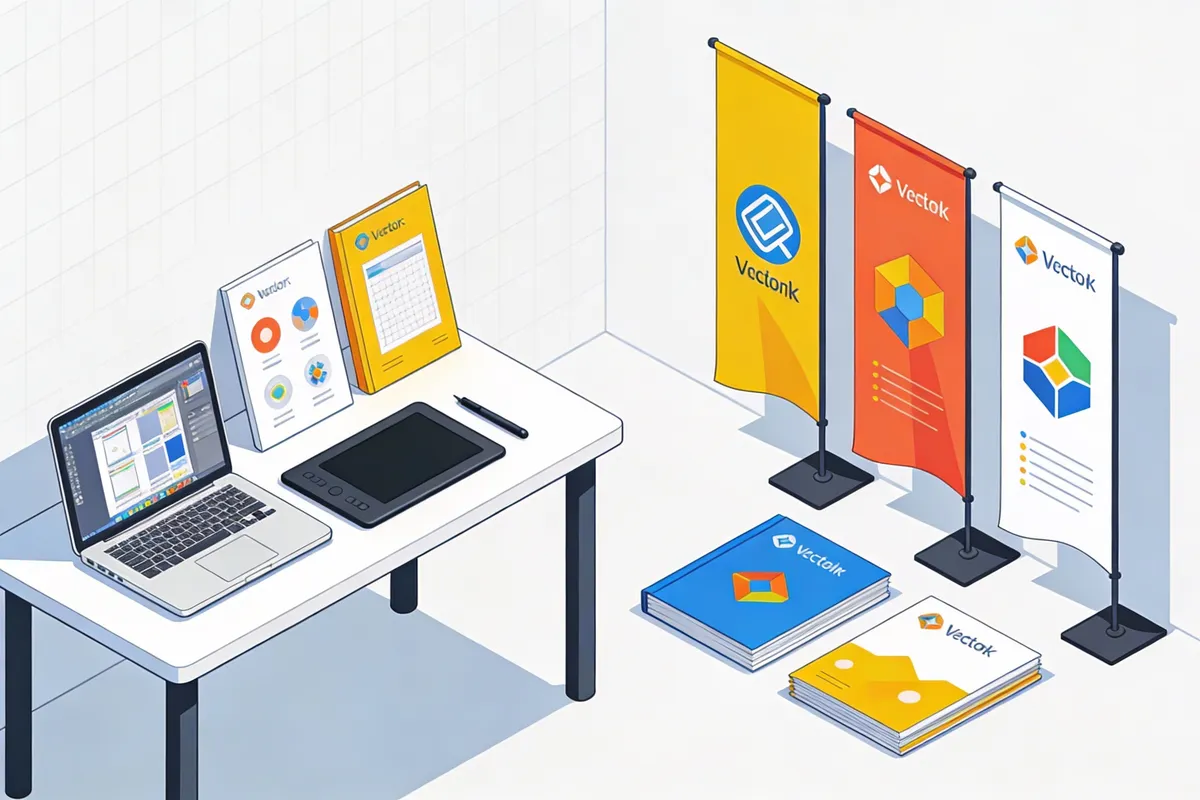 Trade show branding workflow from vector design to print — type: infographic